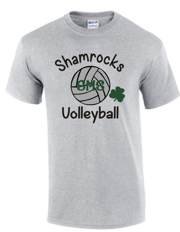 Gray St Martha Shamrock Volleyball Spirit T featuring a volleyball and clover design printed on the front.