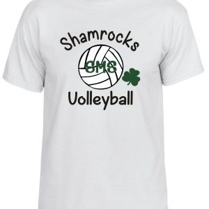 St Martha Shamrock Volleyball Spirit T-shirt with "shamrocks volleyball" text, a volleyball graphic, initials "sms" inside the ball, and a green shamrock.