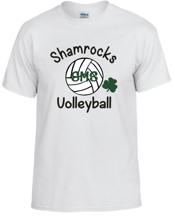 St Martha Shamrock Volleyball Spirit T-shirt with "shamrocks volleyball" text, a volleyball graphic, initials "sms" inside the ball, and a green shamrock.