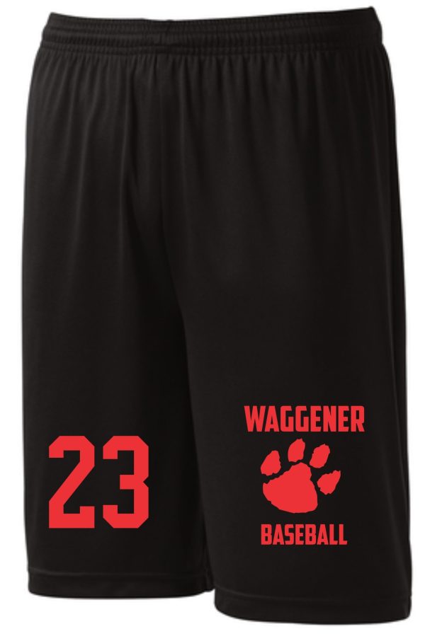 2023 Waggener Baseball moisture wicking pocketed shorts ST355P with the number "23" on the left leg, and a logo reading "waggener baseball" with a paw print on the right leg.