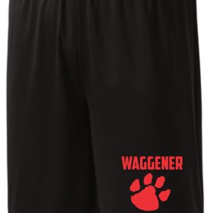 2023 Waggener Baseball moisture wicking pocketed shorts ST355P with the text "waggener baseball" and a red paw print logo on the left leg.