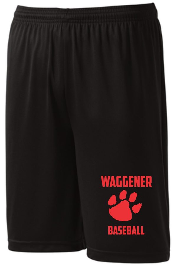 2023 Waggener Baseball moisture wicking pocketed shorts ST355P with the text "waggener baseball" and a red paw print logo on the left leg.