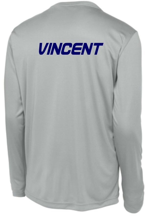 Back view of a Derby City DCAC long sleeve silver PC380LS with the name "vincent" printed in blue across the upper back.