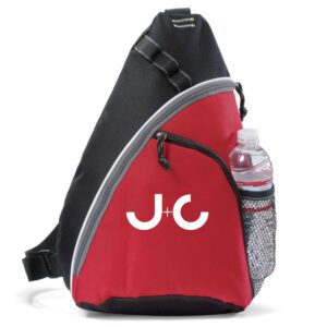 Red and black sling bag with "J+C" logo.