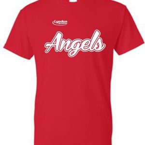 Lyndon Recreation Softball Angels cotton T-shirt G8000 with the word "angels" in cursive white text on the front, and a small logo reading "lyndon" near the collar.