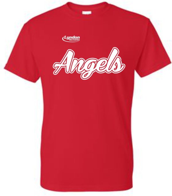 Lyndon Recreation Softball Angels cotton T-shirt G8000 with the word "angels" in cursive white text on the front, and a small logo reading "lyndon" near the collar.