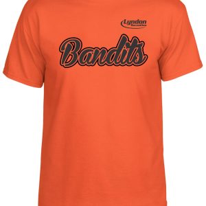 Bright orange Lyndon Recreation Softball Bandits cotton T-shirt with the word "bandits" in black cursive font, branded with a small "lyndon" tag on the chest.