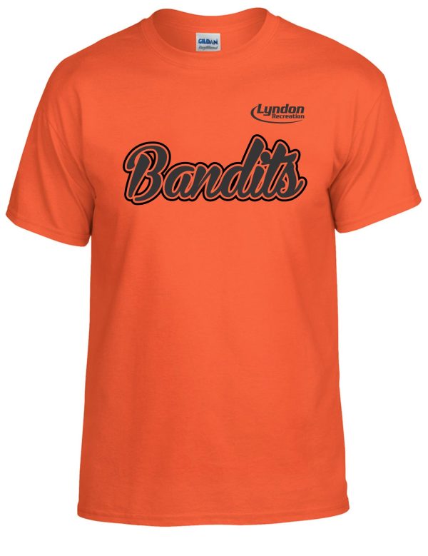 Bright orange Lyndon Recreation Softball Bandits cotton T-shirt with the word "bandits" in black cursive font, branded with a small "lyndon" tag on the chest.