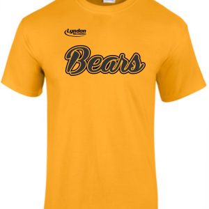 Yellow Lyndon Recreation Softball Bears cotton t-shirt with the word "bears" in black cursive script and "lyndon" in small letters above it.