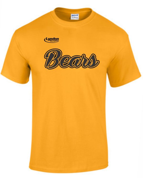 Yellow Lyndon Recreation Softball Bears cotton t-shirt with the word "bears" in black cursive script and "lyndon" in small letters above it.