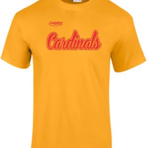 Lyndon Recreation Softball Cardinals cotton T shirt G8000 with the word "cardinals" in red cursive font, and the logo of a small bird above the text.