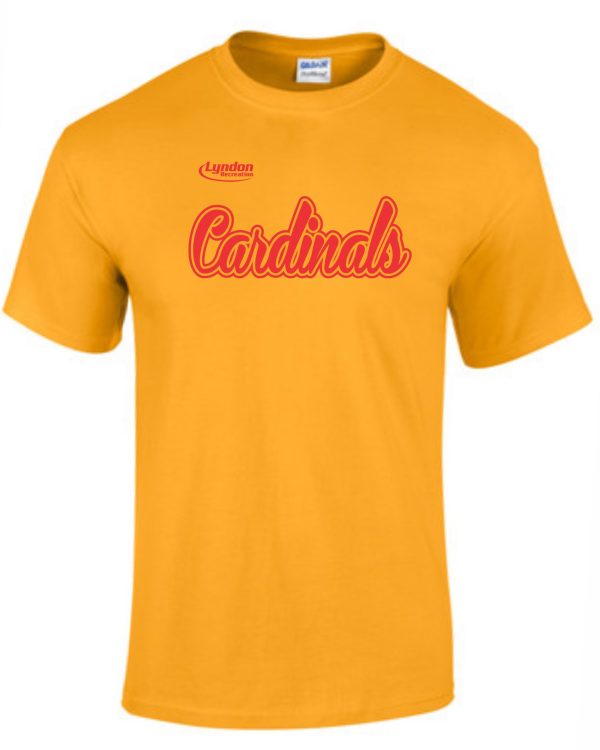 Lyndon Recreation Softball Cardinals cotton T shirt G8000 with the word "cardinals" in red cursive font, and the logo of a small bird above the text.