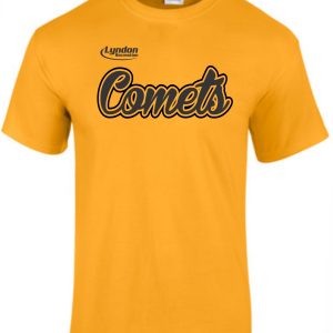 Yellow Lyndon Recreation Softball Comets cotton T shirt G8000 with "lyndon comets" written in black cursive font on the front.