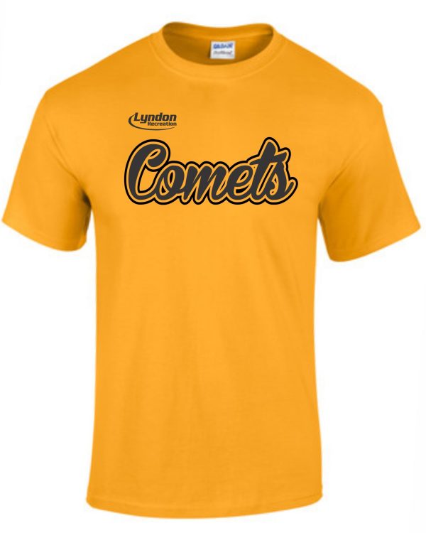 Yellow Lyndon Recreation Softball Comets cotton T shirt G8000 with "lyndon comets" written in black cursive font on the front.