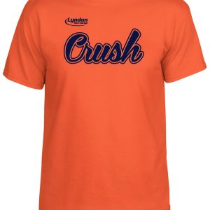 Lyndon Recreation Softball Crush cotton T shirt G8000 with the word "crush" in blue cursive font and the name "lyndon" above in smaller print.