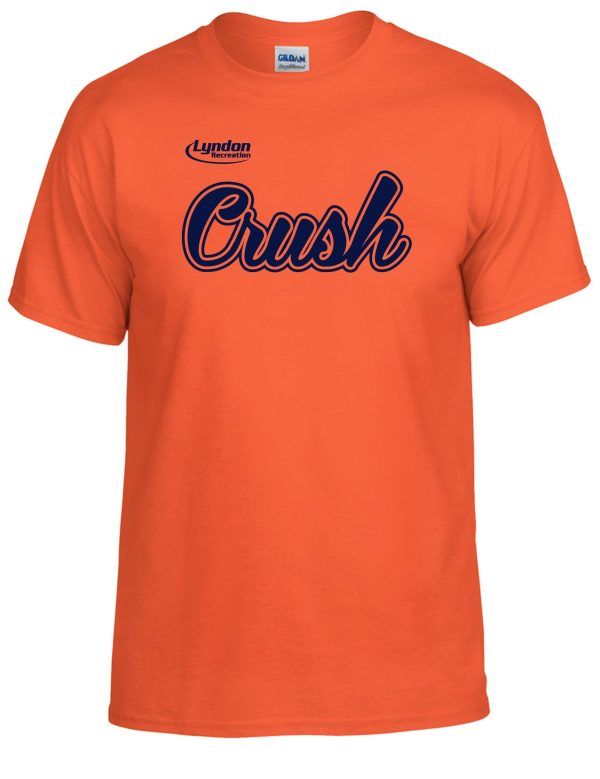 Lyndon Recreation Softball Crush cotton T shirt G8000 with the word "crush" in blue cursive font and the name "lyndon" above in smaller print.