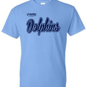 Blue Lyndon Recreation Softball Dolphins cotton T shirt G8000 with "lyndon dolphins" printed in curved cursive font across the chest.