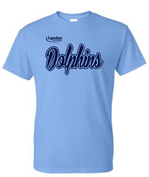 Blue Lyndon Recreation Softball Dolphins cotton T shirt G8000 with "lyndon dolphins" printed in curved cursive font across the chest.