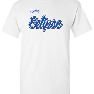 Lyndon Recreation Softball Eclipse cotton T shirt G8000 with the word "eclipse" printed in blue cursive text, and "lyndon" in smaller blue text above it.