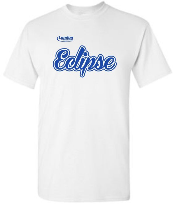 Lyndon Recreation Softball Eclipse cotton T shirt G8000 with the word "eclipse" printed in blue cursive text, and "lyndon" in smaller blue text above it.