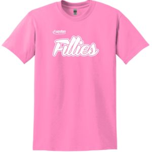 Pink Lyndon Recreation Softball Fillies cotton T shirt G8000 with "lyndon fillies" printed in cursive white lettering on the chest.