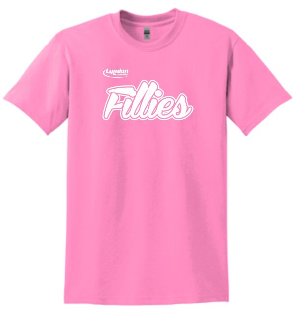 Pink Lyndon Recreation Softball Fillies cotton T shirt G8000 with "lyndon fillies" printed in cursive white lettering on the chest.