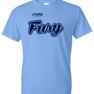 Lyndon Recreation Softball Fury cotton T-shirt G8000 with the word "fury" printed in bold, stylized white font, topped by the smaller word "Lyndon" in a simpler font.