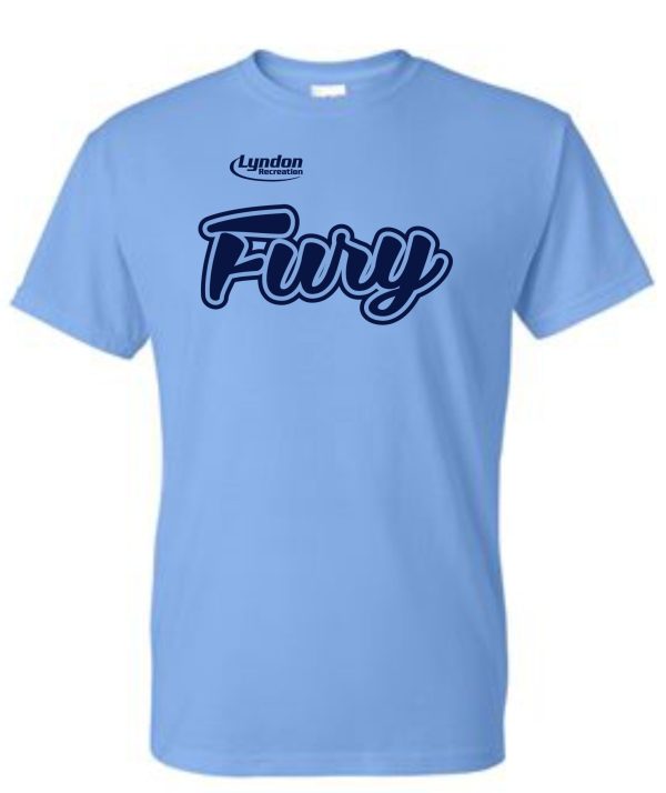 Lyndon Recreation Softball Fury cotton T-shirt G8000 with the word "fury" printed in bold, stylized white font, topped by the smaller word "Lyndon" in a simpler font.