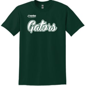 Dark green Lyndon Recreation Softball Gators cotton T shirt G8000 with the word "gators" in white cursive text and "lyndon" above it in smaller block letters.