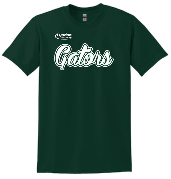 Dark green Lyndon Recreation Softball Gators cotton T shirt G8000 with the word "gators" in white cursive text and "lyndon" above it in smaller block letters.