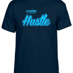 Blue Lyndon Recreation Softball Hustle cotton T shirt with the words "lyndon hustle" in bold white and light blue script on the front.