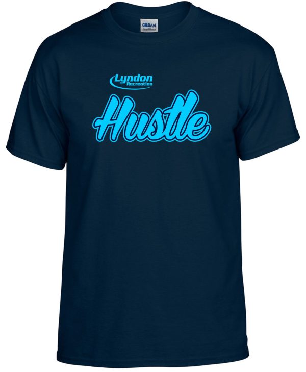 Blue Lyndon Recreation Softball Hustle cotton T shirt with the words "lyndon hustle" in bold white and light blue script on the front.