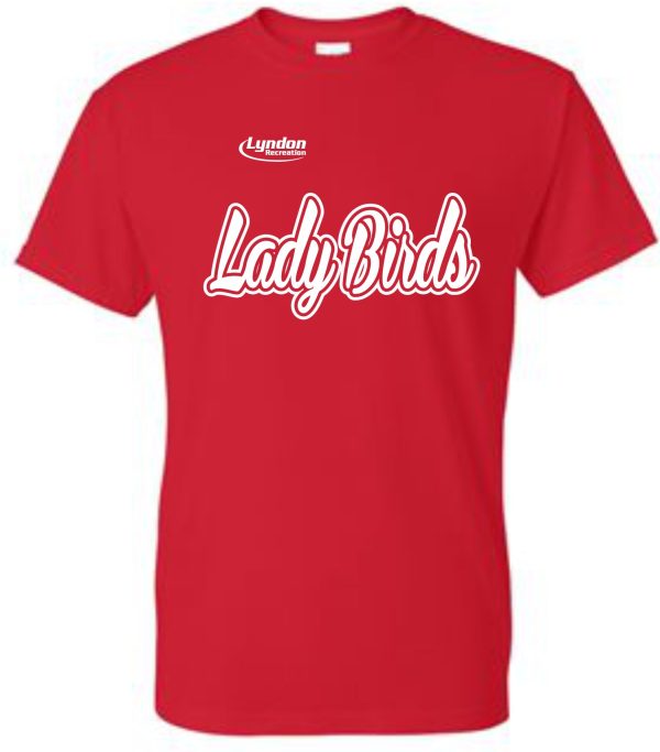 Lyndon Recreation Softball Lady Birds cotton T shirt G8000 with "ladybirds" written in white cursive text above a smaller "lyndon" also in white, centered on the chest area.