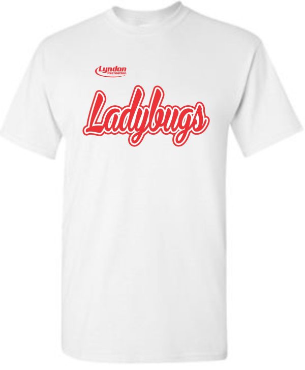 Lyndon Recreation Softball Ladybugs cotton T shirt G8000 with the word "ladybugs" in red cursive text and "lyndon" above in smaller script.