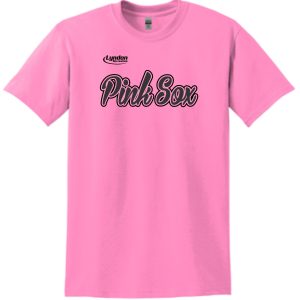 Lyndon Recreation Softball Pink Sox cotton T shirt G8000 with the black text "pinksox" and a smaller "lyndon" above it centered on the chest area.