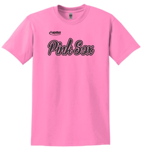 Lyndon Recreation Softball Pink Sox cotton T shirt G8000 with the black text "pinksox" and a smaller "lyndon" above it centered on the chest area.