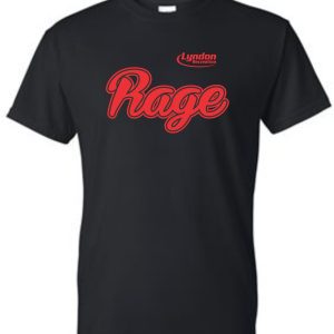 Lyndon Recreation Softball Rage cotton T shirt G8000 with the word "rage" in red, cursive font and the name "lyndon" above in smaller white font.