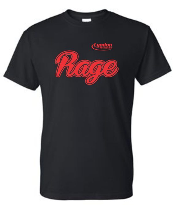 Lyndon Recreation Softball Rage cotton T shirt G8000 with the word "rage" in red, cursive font and the name "lyndon" above in smaller white font.