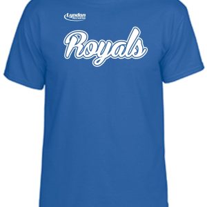 Lyndon Recreation Softball Royals cotton t-shirt with the word "royals" in white cursive and "lyndon" above it in a smaller font.