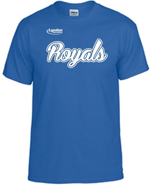 Lyndon Recreation Softball Royals cotton t-shirt with the word "royals" in white cursive and "lyndon" above it in a smaller font.