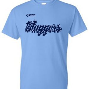 Lyndon Recreation Softball Sluggers cotton T-shirt G8000 with the word "sluggers" in cursive script and "lyndon" in small text above, displayed on a plain background.