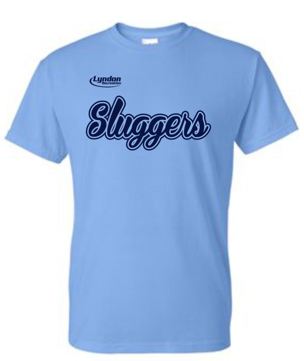 Lyndon Recreation Softball Sluggers cotton T-shirt G8000 with the word "sluggers" in cursive script and "lyndon" in small text above, displayed on a plain background.