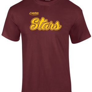 Lyndon Recreation Softball Stars cotton t-shirt with the word "stars" in yellow cursive script above "Lyndon," also in yellow, on the chest. The shirt is made by Gildan.