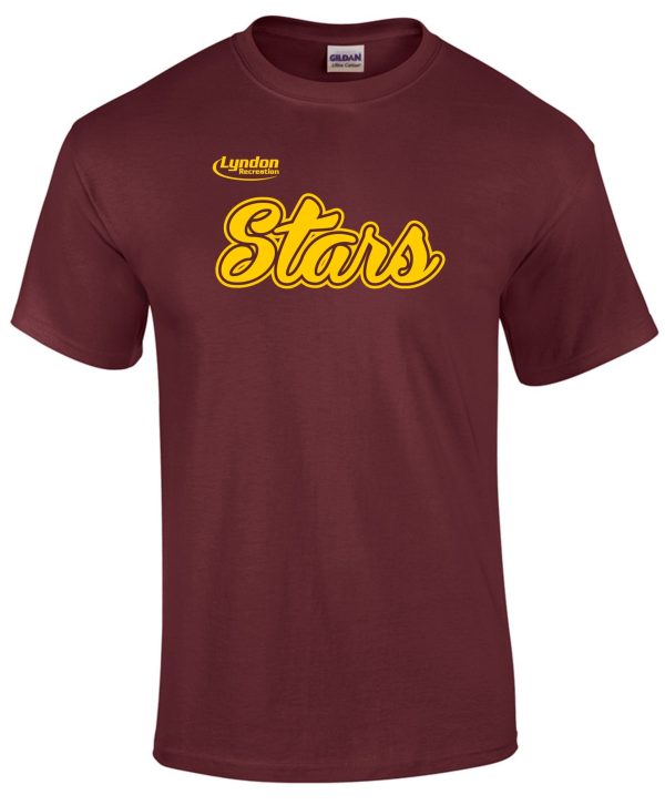 Lyndon Recreation Softball Stars cotton t-shirt with the word "stars" in yellow cursive script above "Lyndon," also in yellow, on the chest. The shirt is made by Gildan.