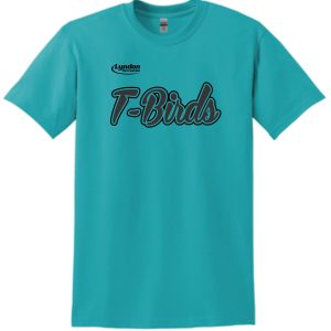 Lyndon Recreation Softball T-Birds cotton T shirt G8000 with the text "lyndon t-birds" printed in black cursive font on the chest.