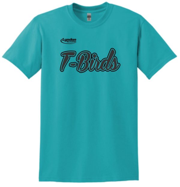 Lyndon Recreation Softball T-Birds cotton T shirt G8000 with the text "lyndon t-birds" printed in black cursive font on the chest.