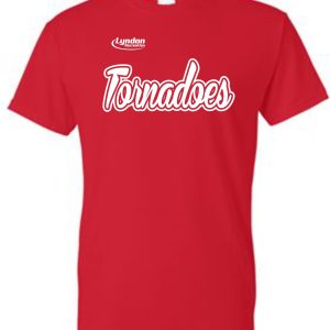 Lyndon Recreation Softball Tornadoes cotton T-shirt with "tornadoes" written in white script and "lyndon" in smaller text above, on a plain background.