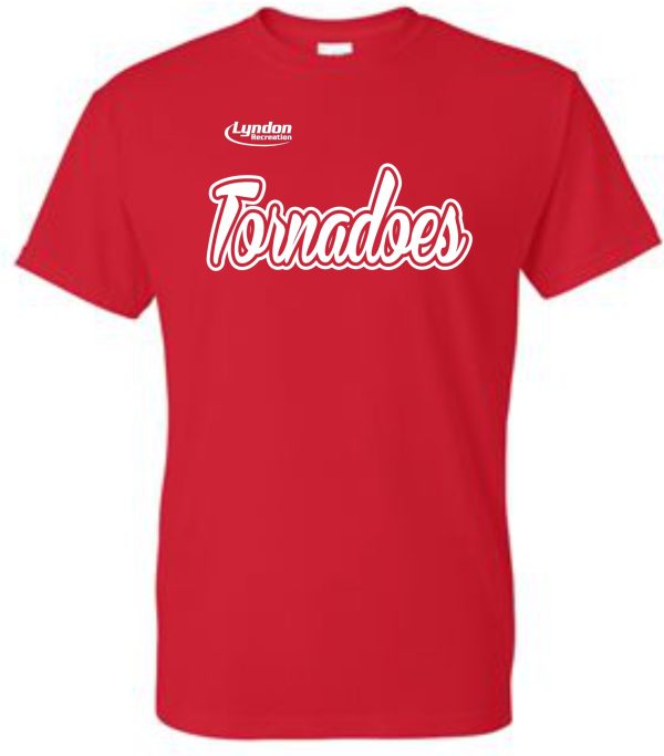 Lyndon Recreation Softball Tornadoes cotton T-shirt with "tornadoes" written in white script and "lyndon" in smaller text above, on a plain background.