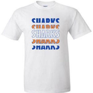 Springhurst Sharks White 2023 T shirt G8000 with the word "sharks" repeated in blue and orange gradient letters.