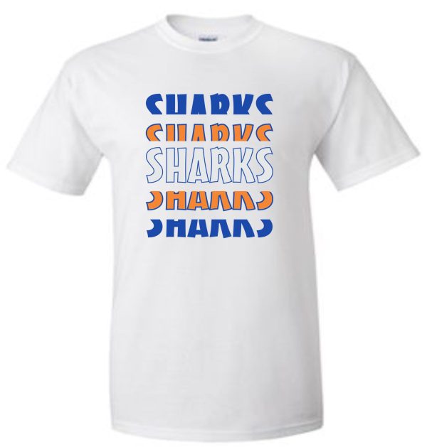 Springhurst Sharks White 2023 T shirt G8000 with the word "sharks" repeated in blue and orange gradient letters.